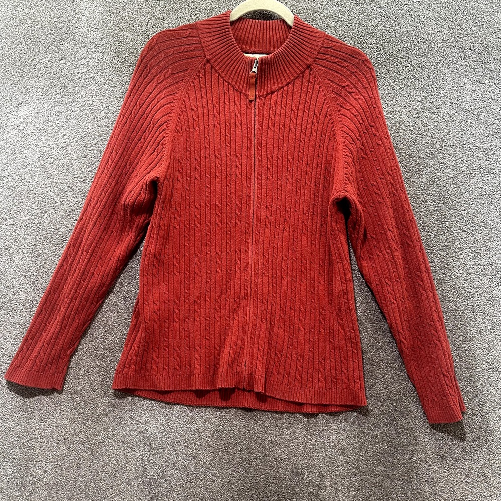 Cabelas Full Zip Sweater Women Large Red Ribbed Cable Knit Cotton